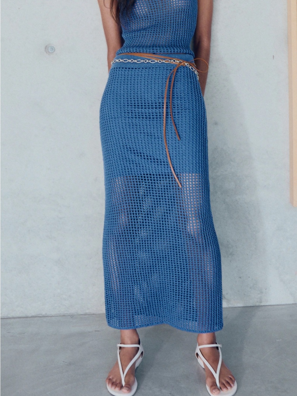Mango Blue Crochet Maxi Skirt with Brown Belt Detail